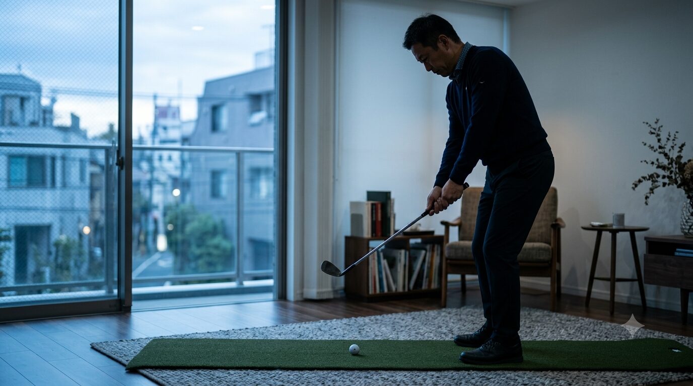 ウェッジを短く持って振り幅を確認しながら素振りする様子
