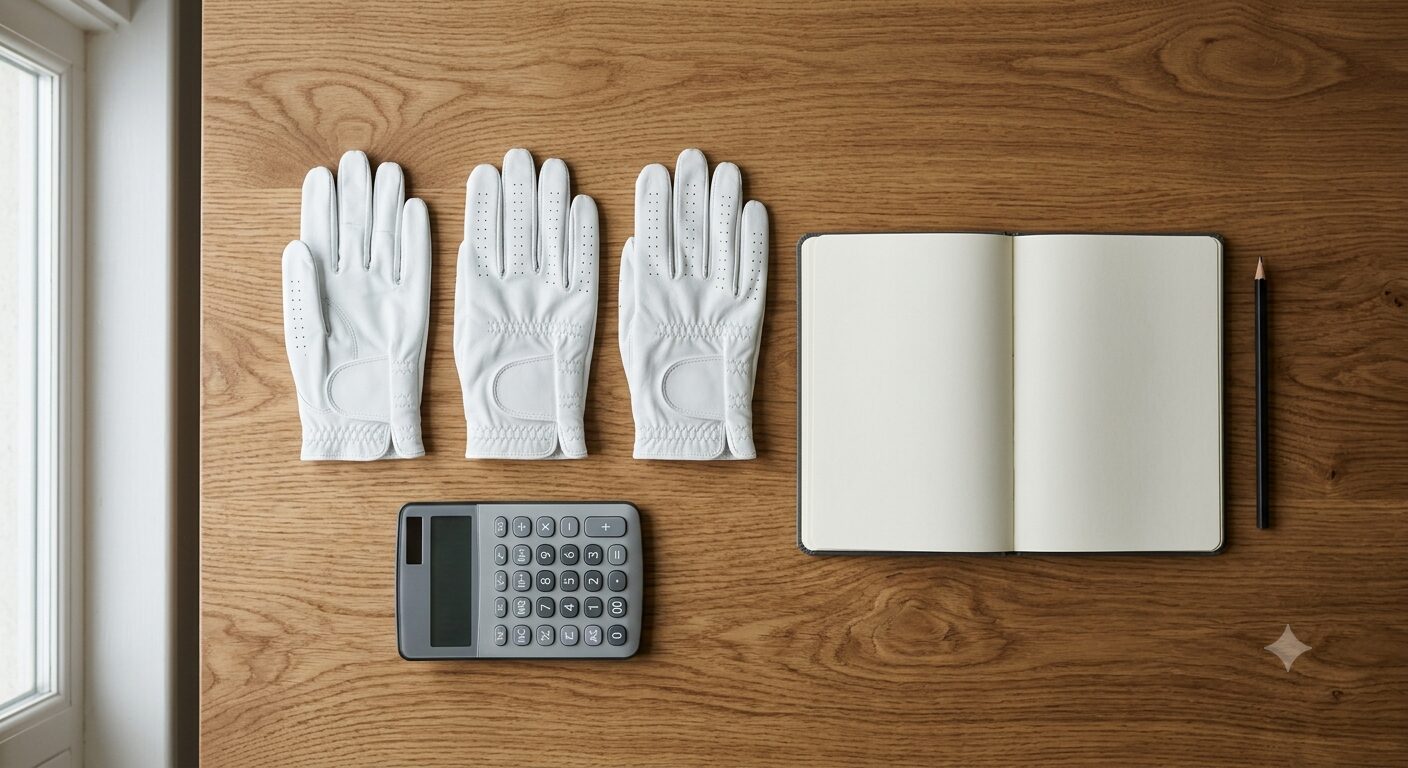 使用感の異なる複数枚のグローブを並べたフラットレイ