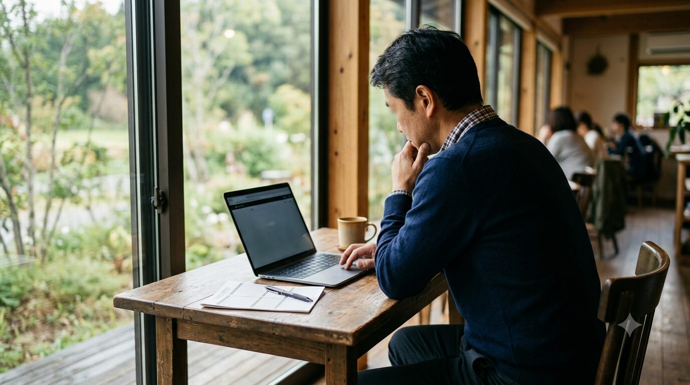 カフェで転職について考える40代男性の後ろ姿
