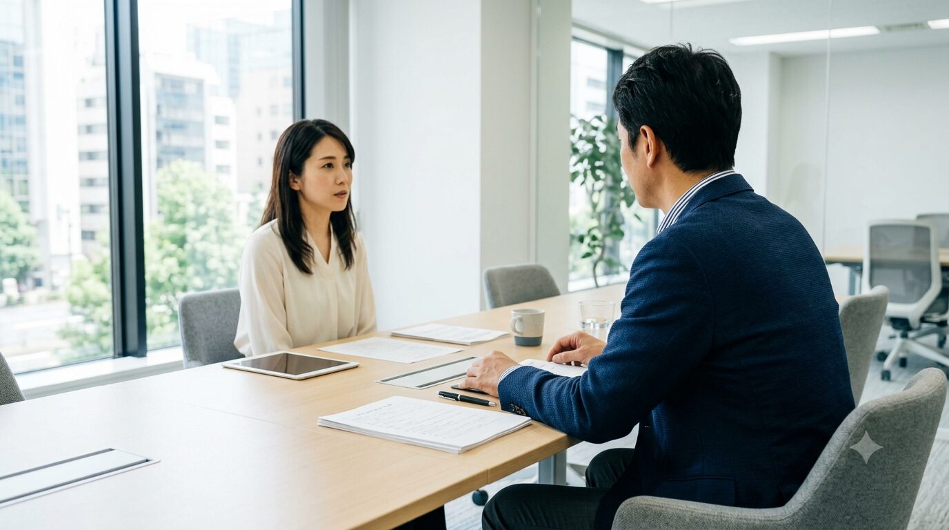 明るいオフィスでキャリア相談を行う場面