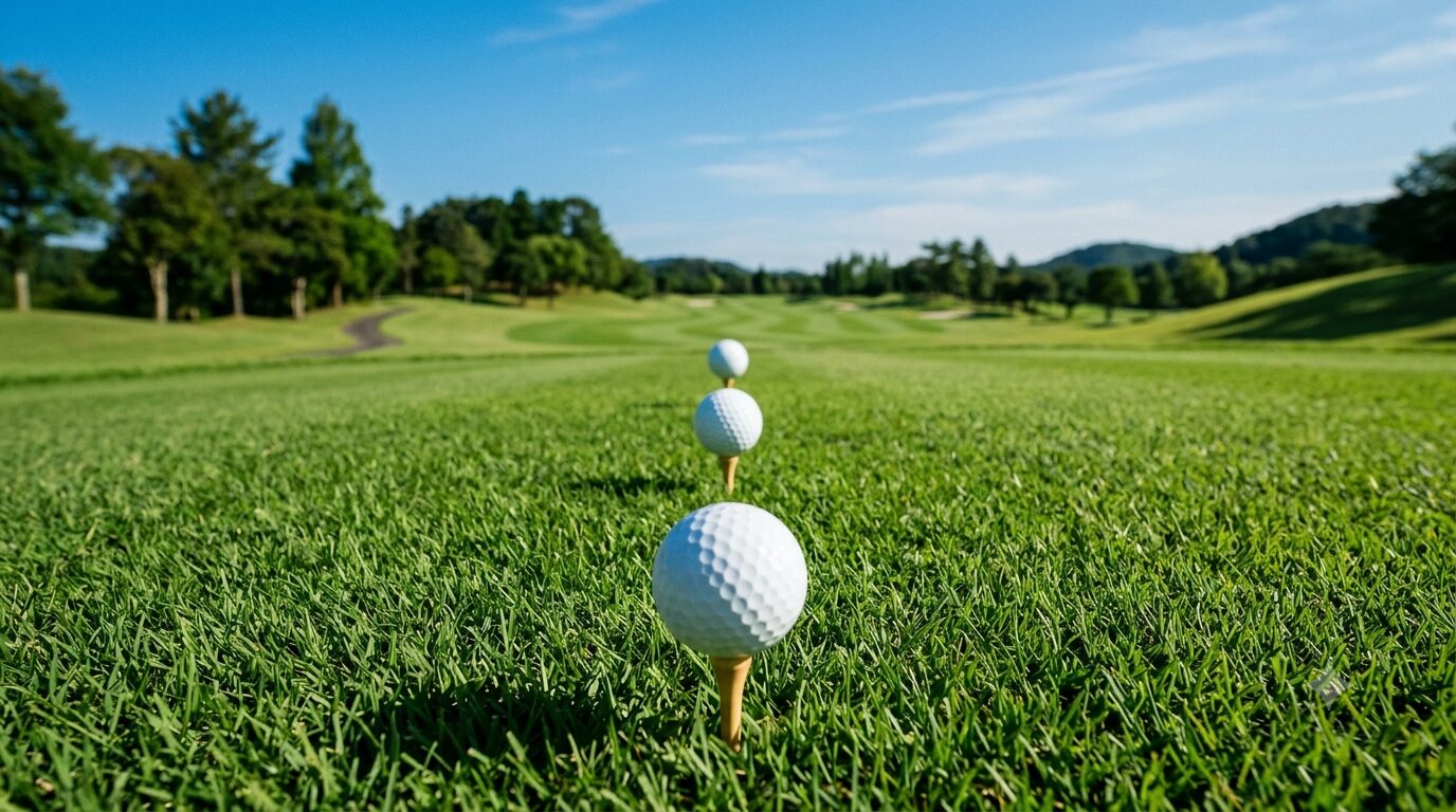 ゴルフコースに3つのゴルフボールが一直線に並ぶ3ステップイメージ