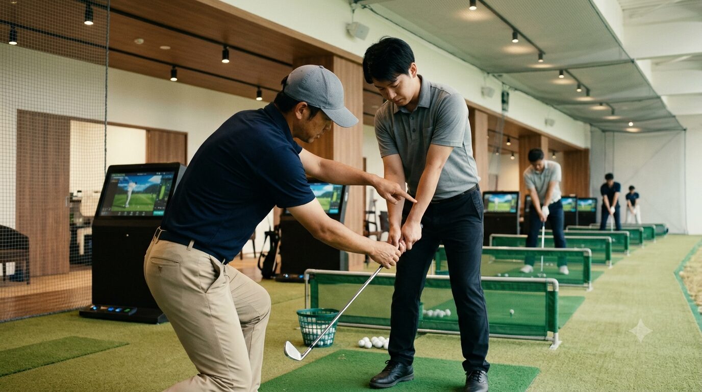 ゴルフインストラクターが生徒にレッスンするシーン