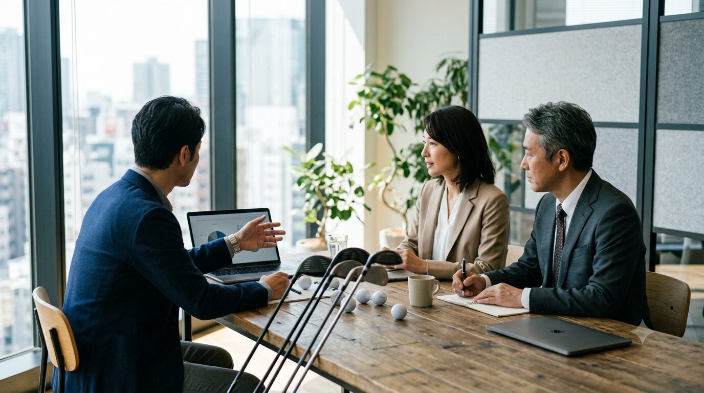 ゴルフメーカーのオフィスで打ち合わせをするシーン