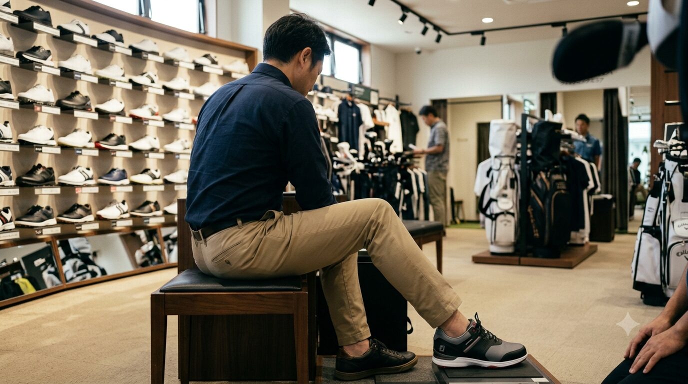 ゴルフショップでシューズを手に取って確認する40代男性の手元