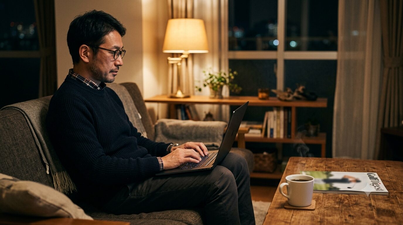 ノートパソコンでブログを執筆するシーン
