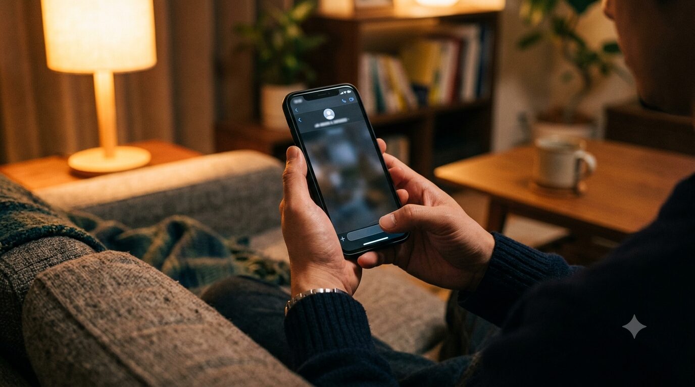 スマートフォンでグループチャットの予定調整を確認する男性の手元