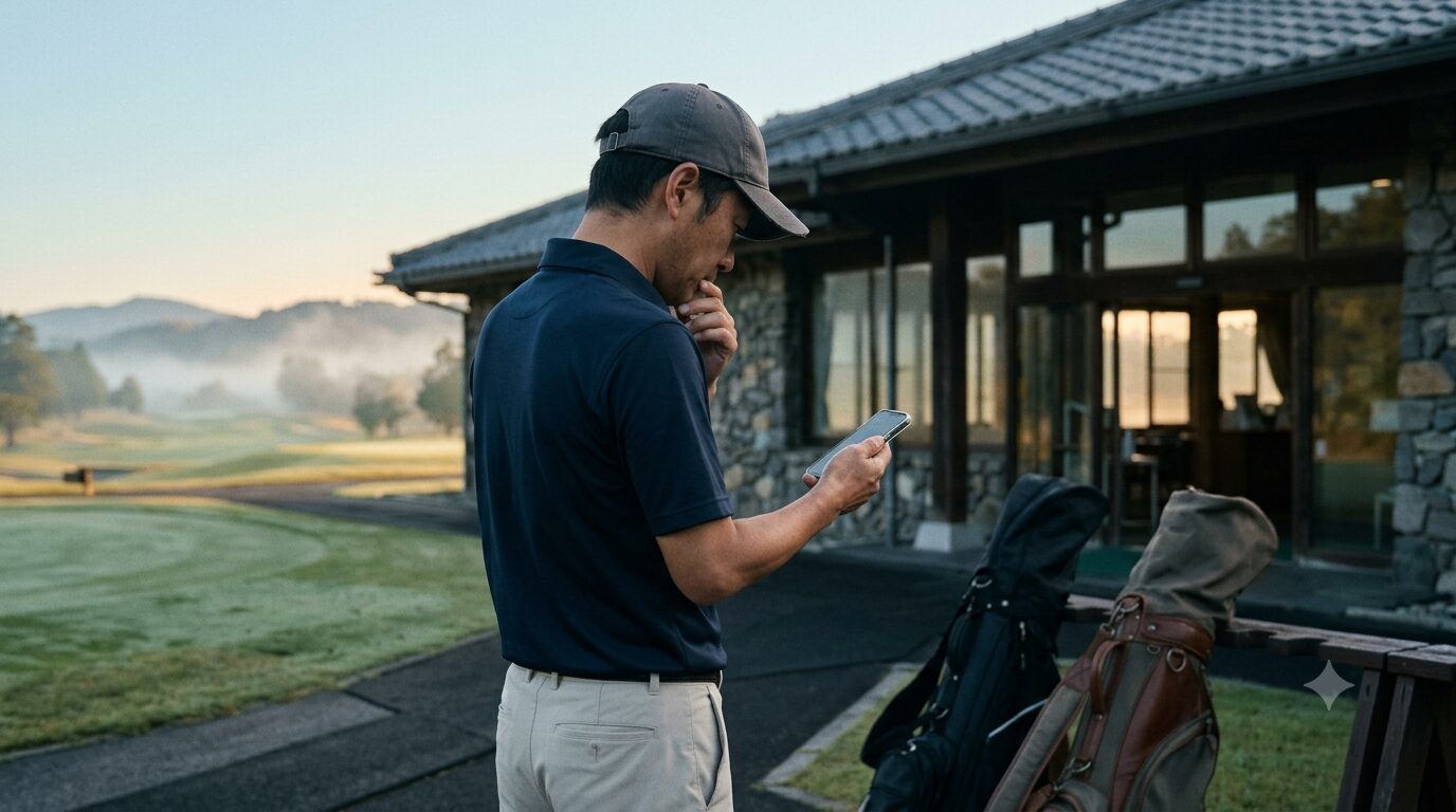 ゴルフ場の受付前で緊張気味に立つ40代男性の後ろ姿