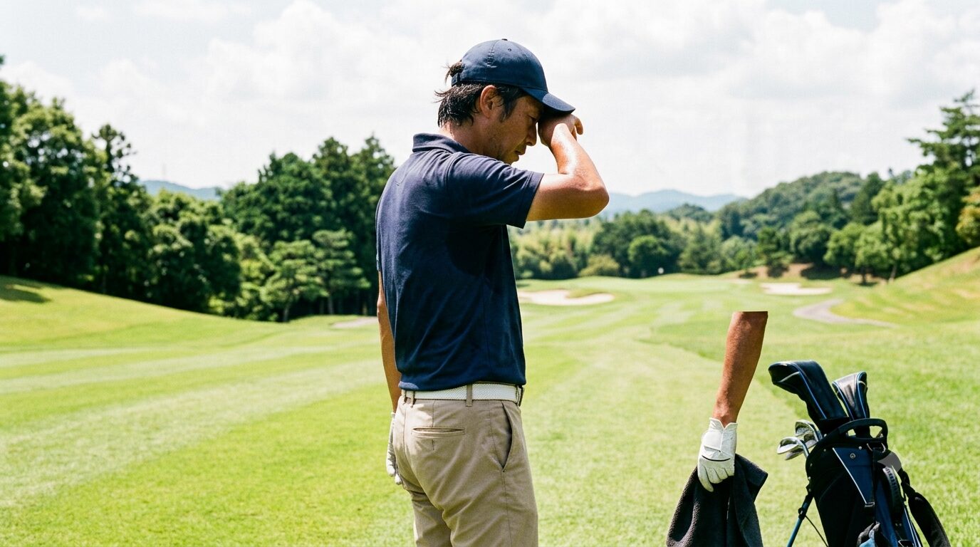 真夏のゴルフ場で汗を拭う40代男性の後ろ姿