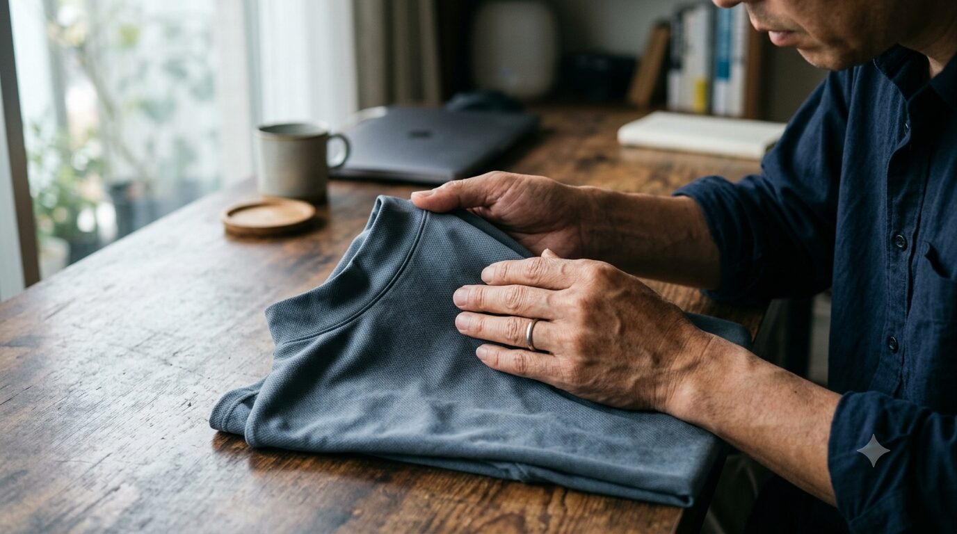 接触冷感インナーを手に取って検品する男性の手元