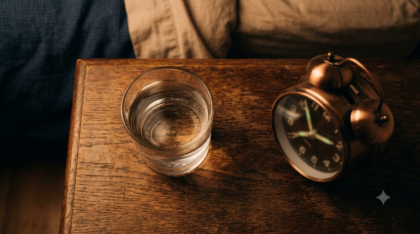 寝室のベッドサイドに置かれたコップ一杯の水