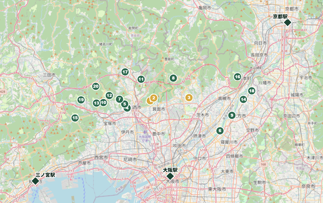 関西のゴルフ場アクセスランキングTOP20と大阪駅・京都駅・三ノ宮駅の位置関係を実地図上に示したマップ