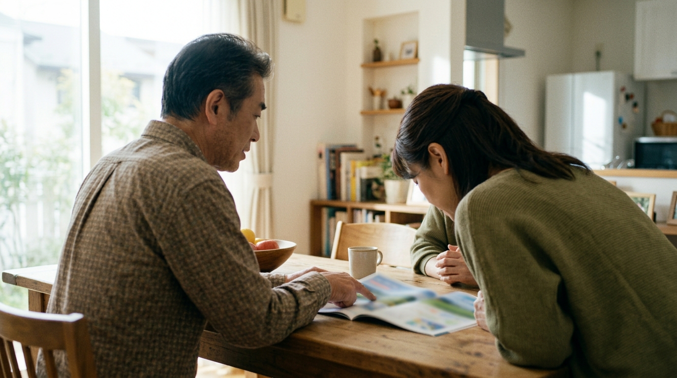 ダイニングテーブルでゴルフの話をしながら少し戸惑う様子の夫婦