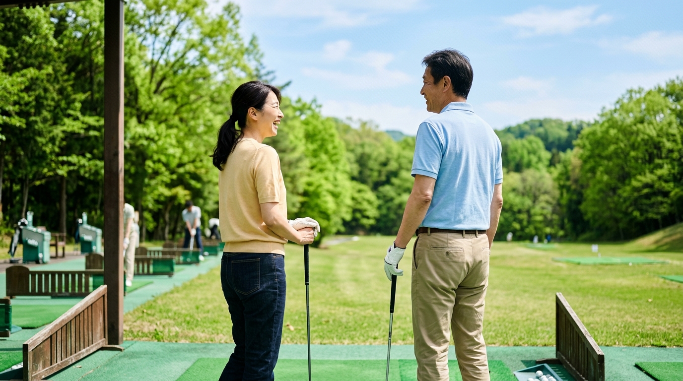打ちっぱなし練習場でレンタルクラブを構える女性の後ろ姿