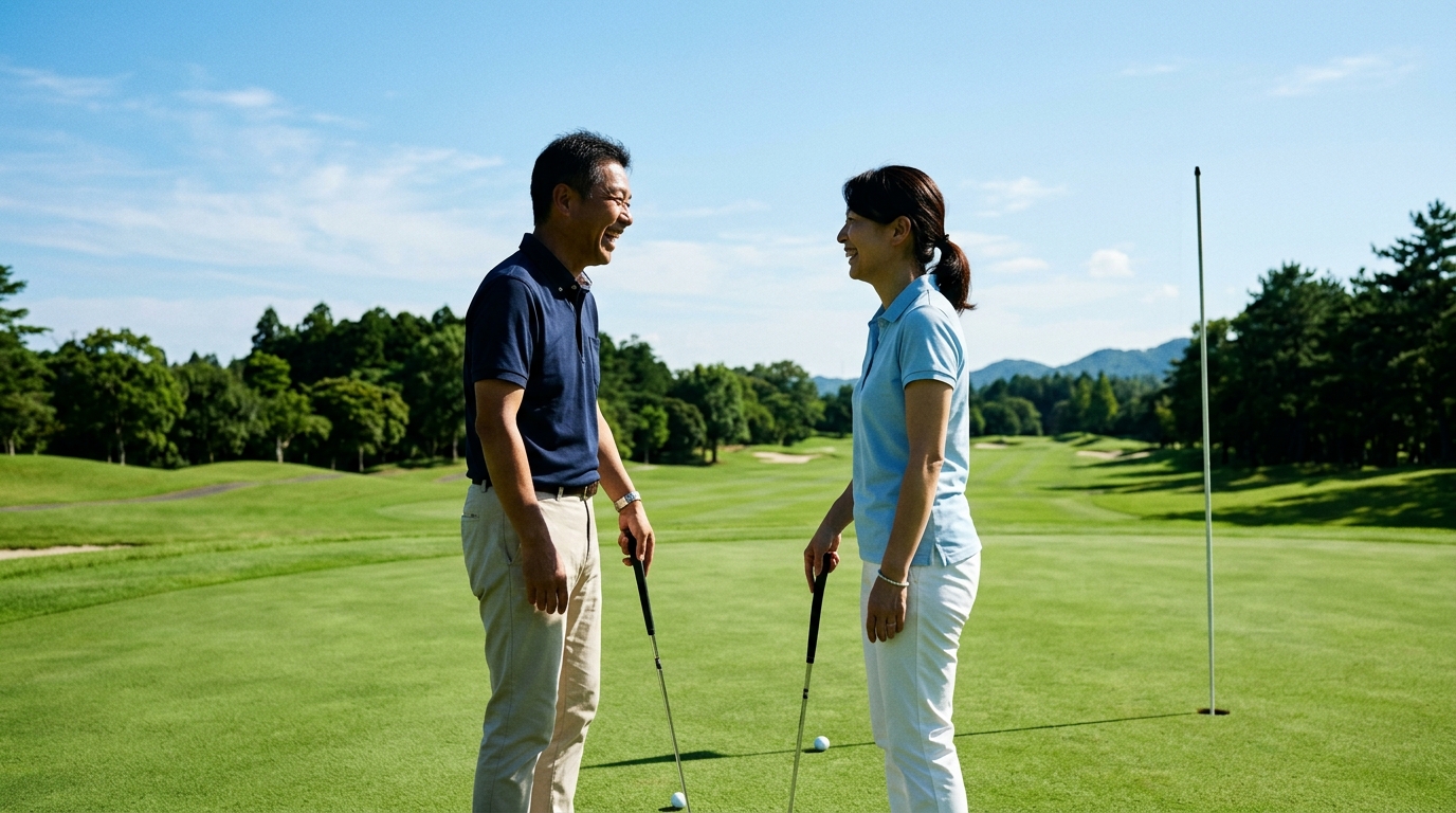 コースで笑い合いながら会話をする夫婦のラウンド風景