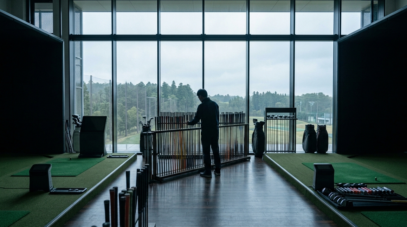 曇天の光が差すフィッティングスタジオでシャフトを整理するスタッフの遠景
