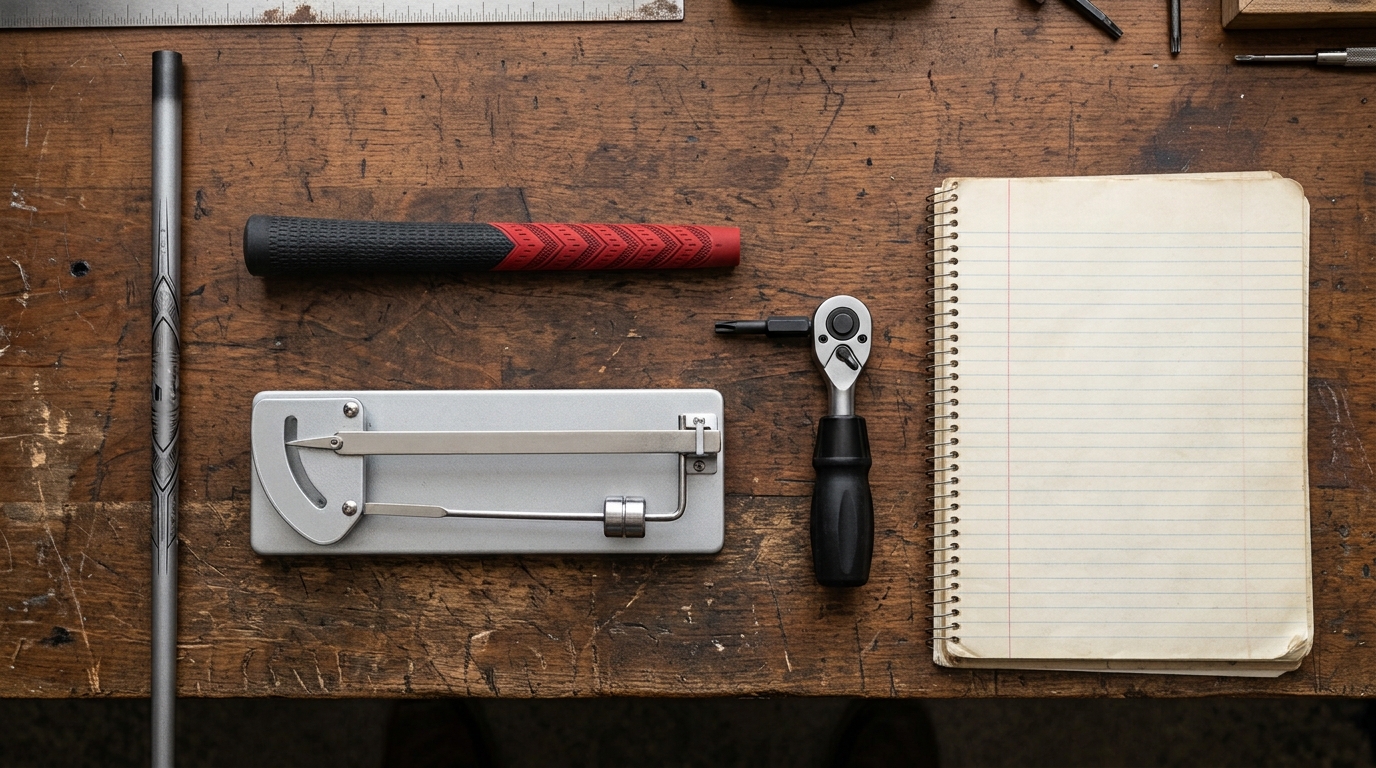 シャフトやフィッティング工具を並べた俯瞰カット