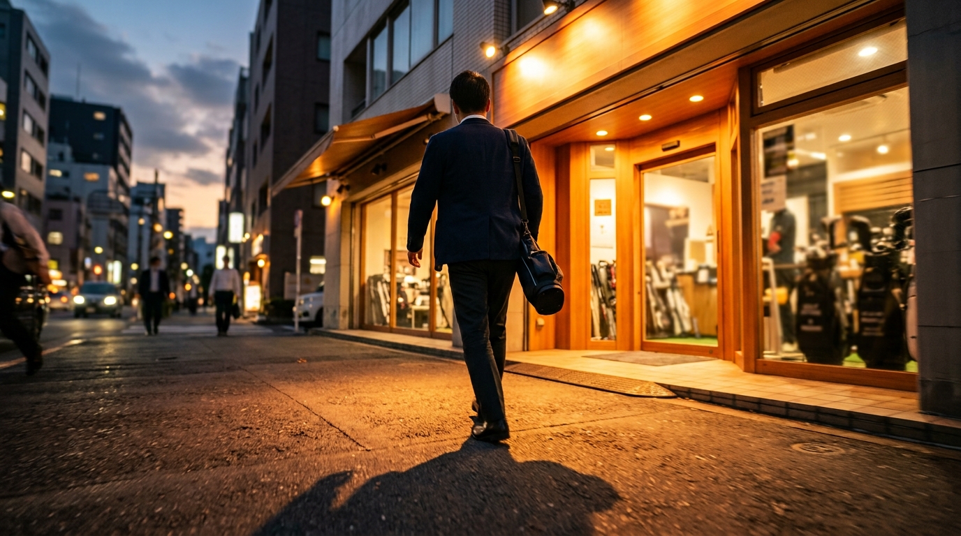 夕暮れのフィッティングスタジオに向かって歩く男性の後ろ姿