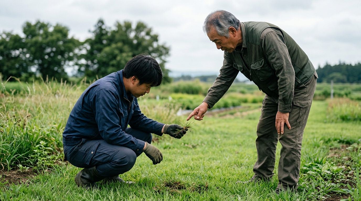 実習フィールドで芝のサンプルを観察する研修生と指導役スタッフの様子