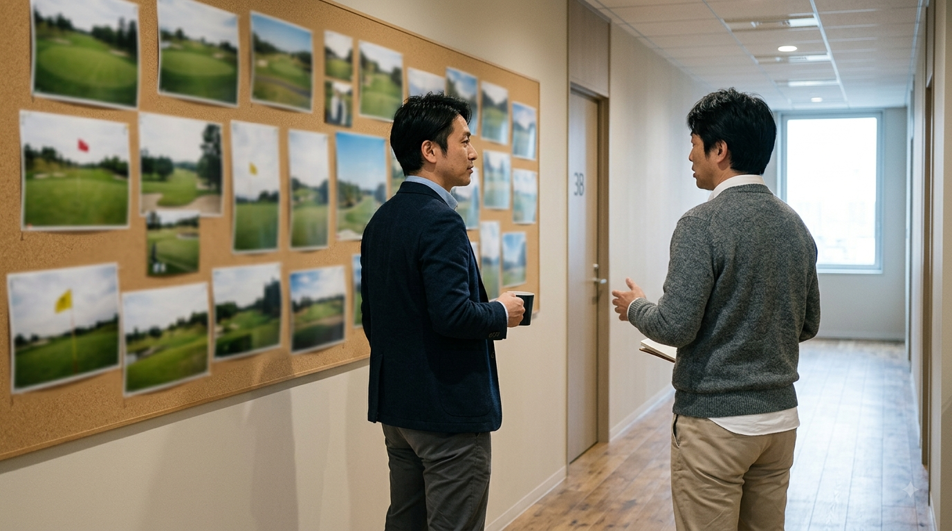 オフィスの廊下で会話する2人のビジネスパーソンの横姿