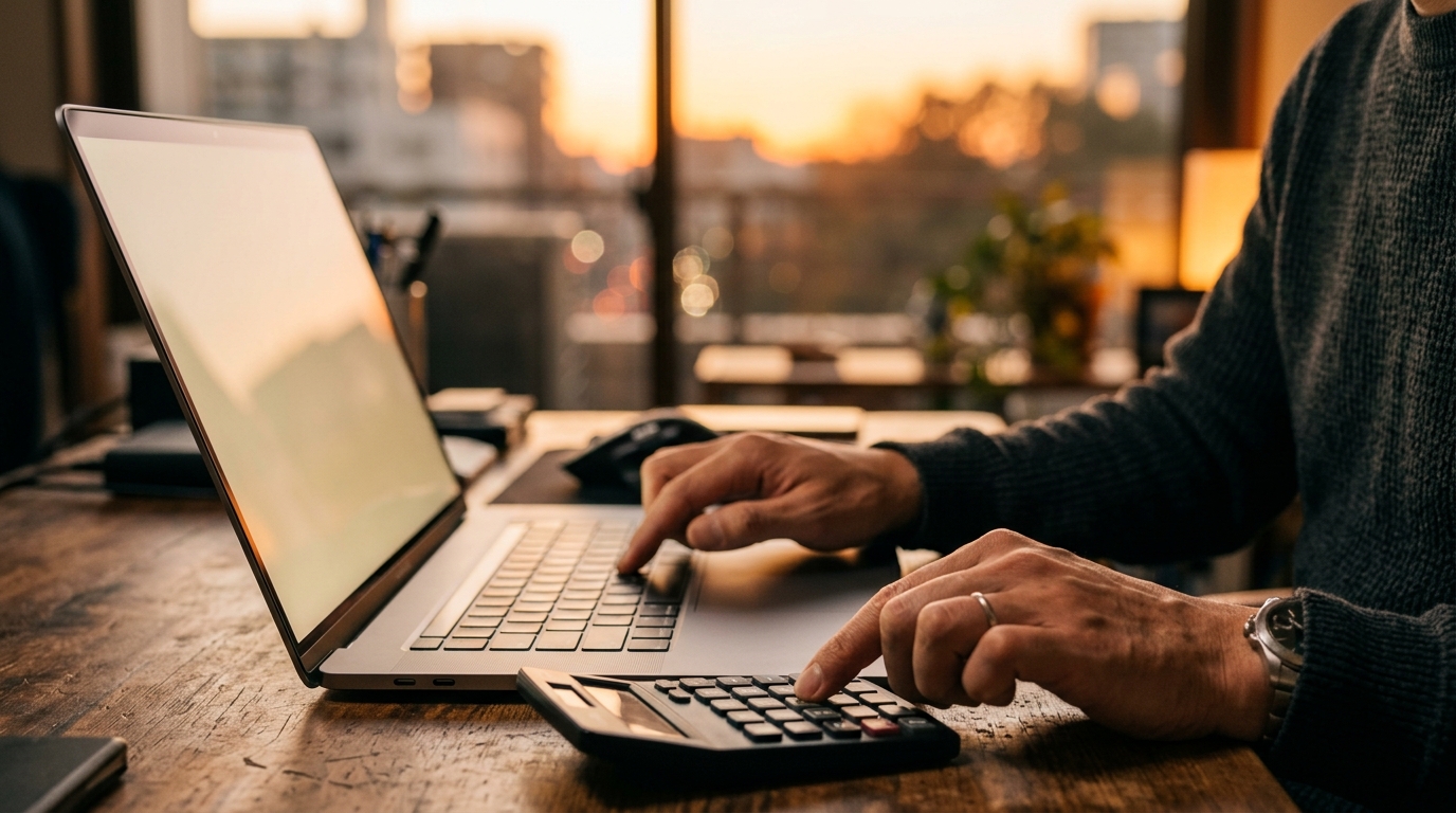 夕方のデスクで電卓とノートPCを前に数字を確認する手元のクローズアップ