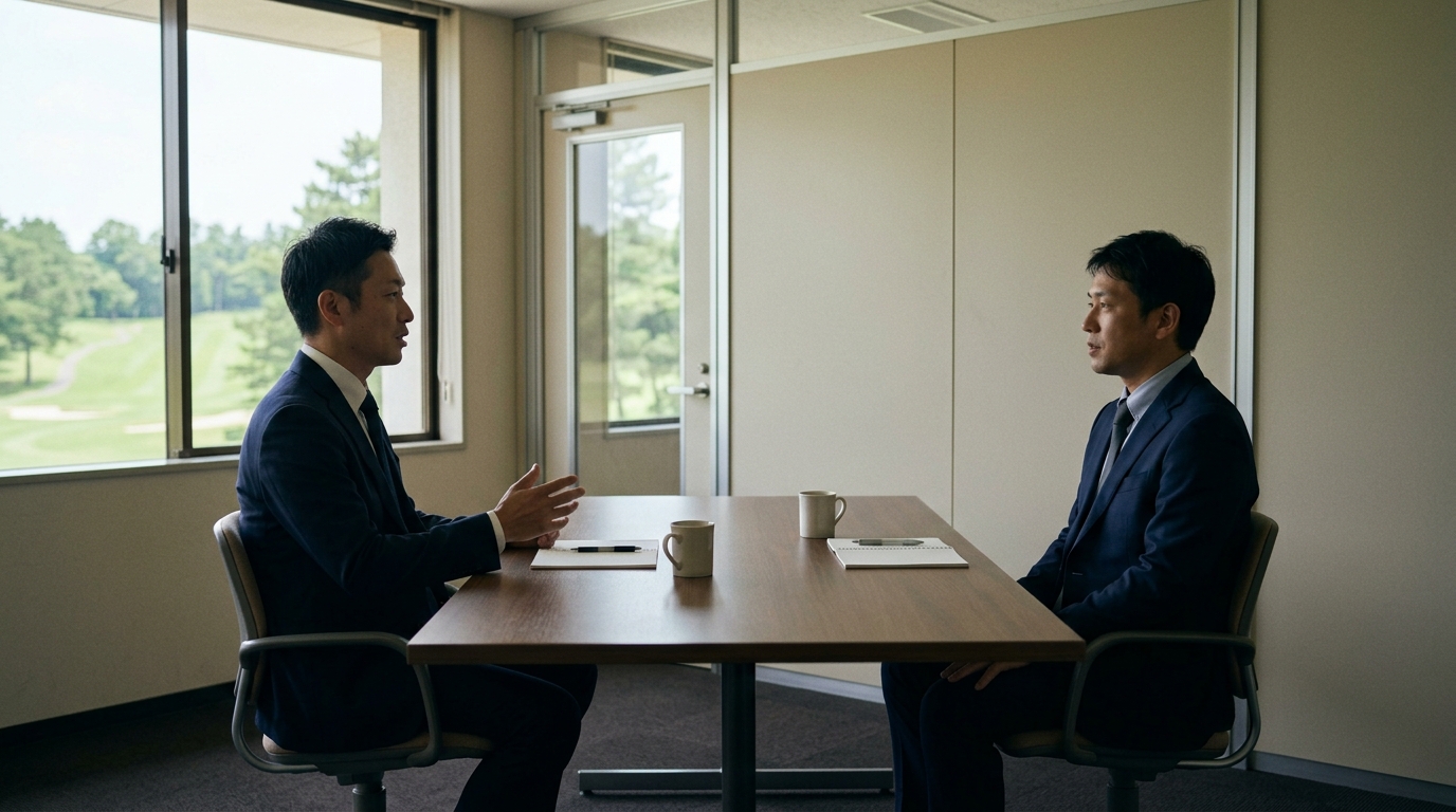 面接室でスーツ姿の男性同士が向き合って会話する様子