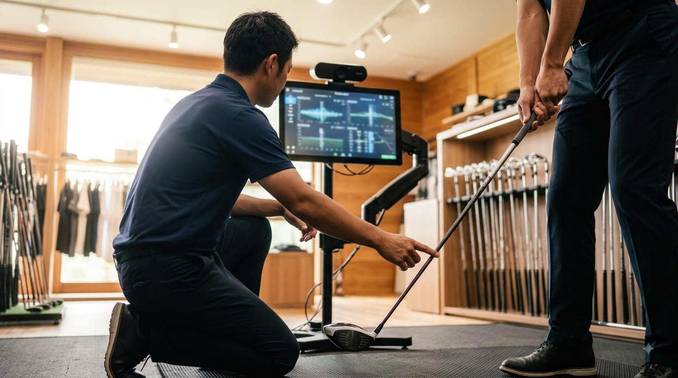 ゴルフショップのフィッティングコーナーで接客するスタッフ