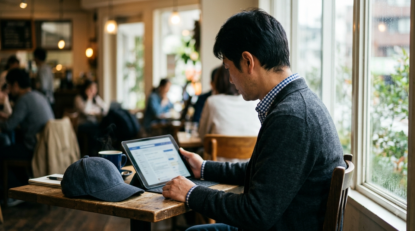 カフェでタブレットの求人ページを確認する男性
