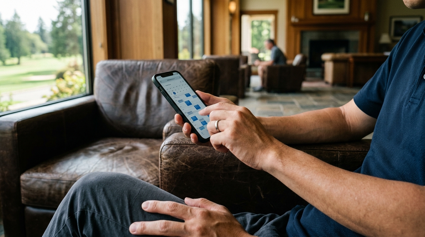 ゴルフ場のロビーでスマートフォンを操作する手元