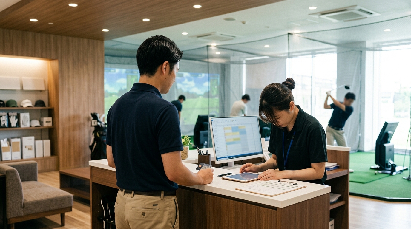 ゴルフスクールの受付でスタッフと話す様子