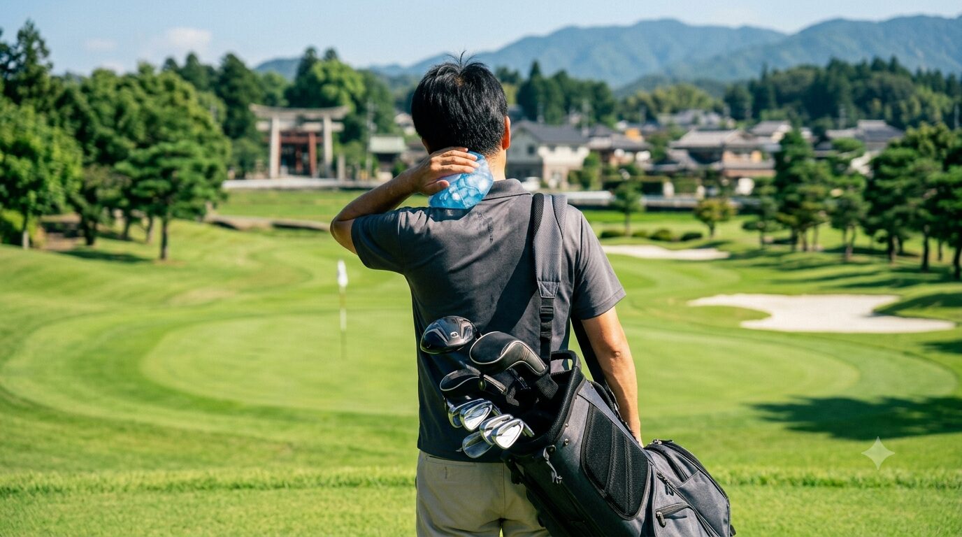 コース上で保冷剤を首に当てて冷やす様子