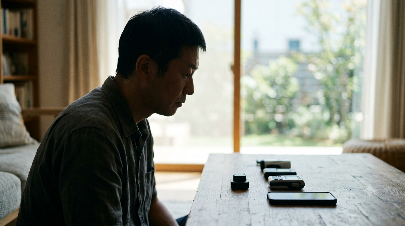 複数のゴルフガジェットをテーブルに並べて比較検討する様子