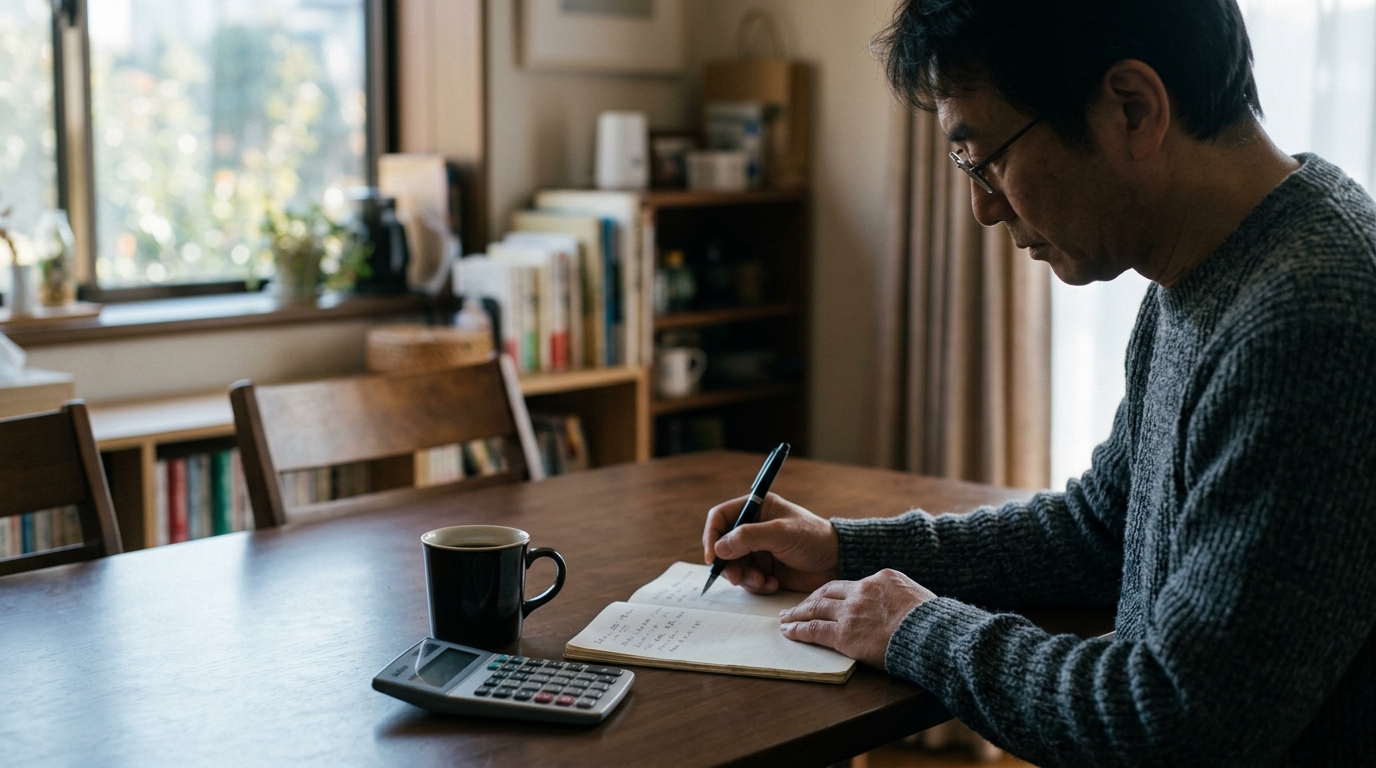 電卓とノートで資金計画を計算する手元のクローズアップ