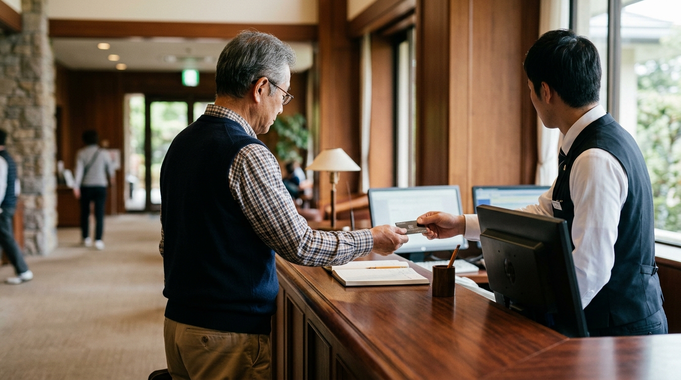 ゴルフ場のフロントで会員証を提示するシーン