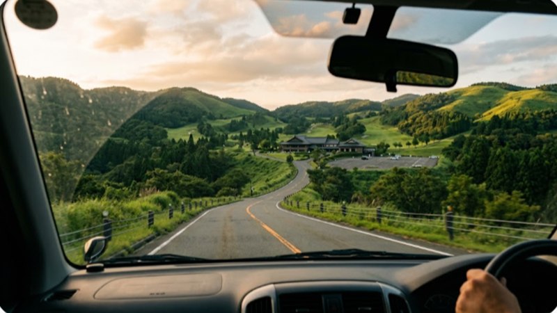 ゴルフ場のクラブハウスに向かう道と車のフロントガラス越しの風景