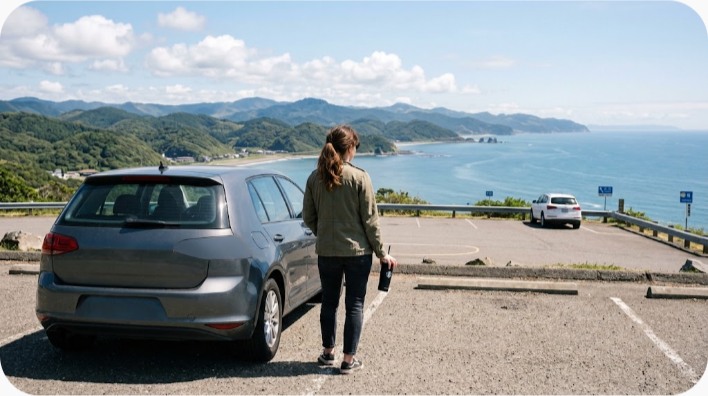 高速道路のパーキングエリアに停車した車と、ドリンクを手にした人物の後ろ姿、遠くに丘陵の景色