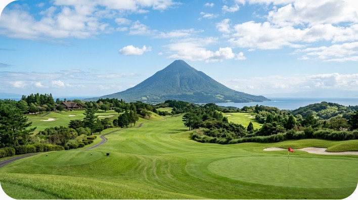 開聞岳を望む鹿児島県の丘陵ゴルフコースのイメージ