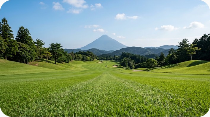 開聞岳を望む鹿児島県の丘陵ゴルフコースのイメージ