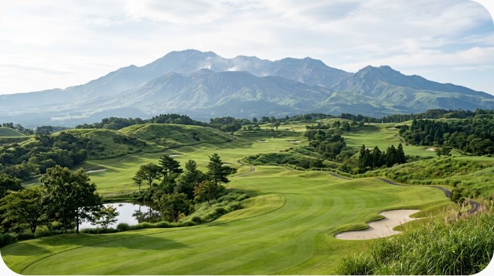 阿蘇連山を背景にした丘陵ゴルフコースの風景