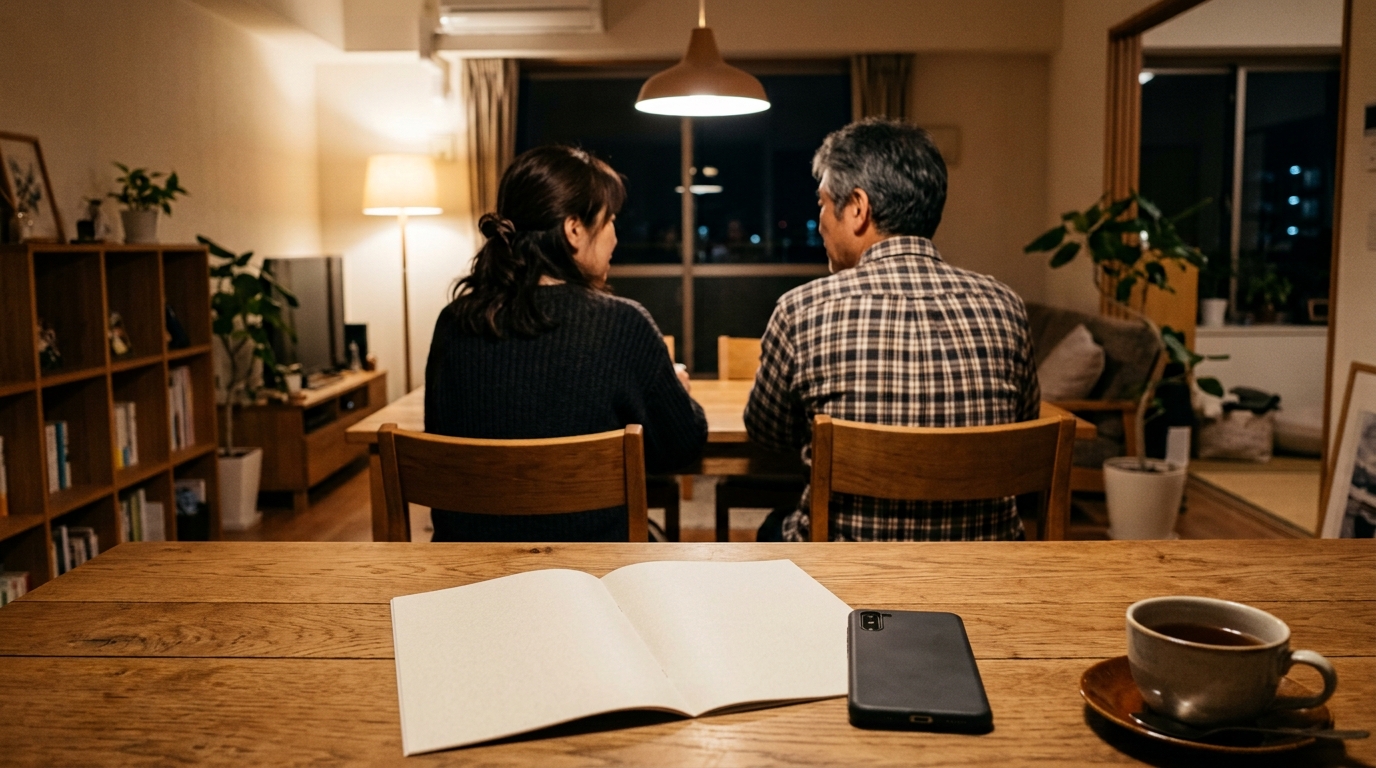 旅行費用の計算をしながら悩む夫婦のイメージ