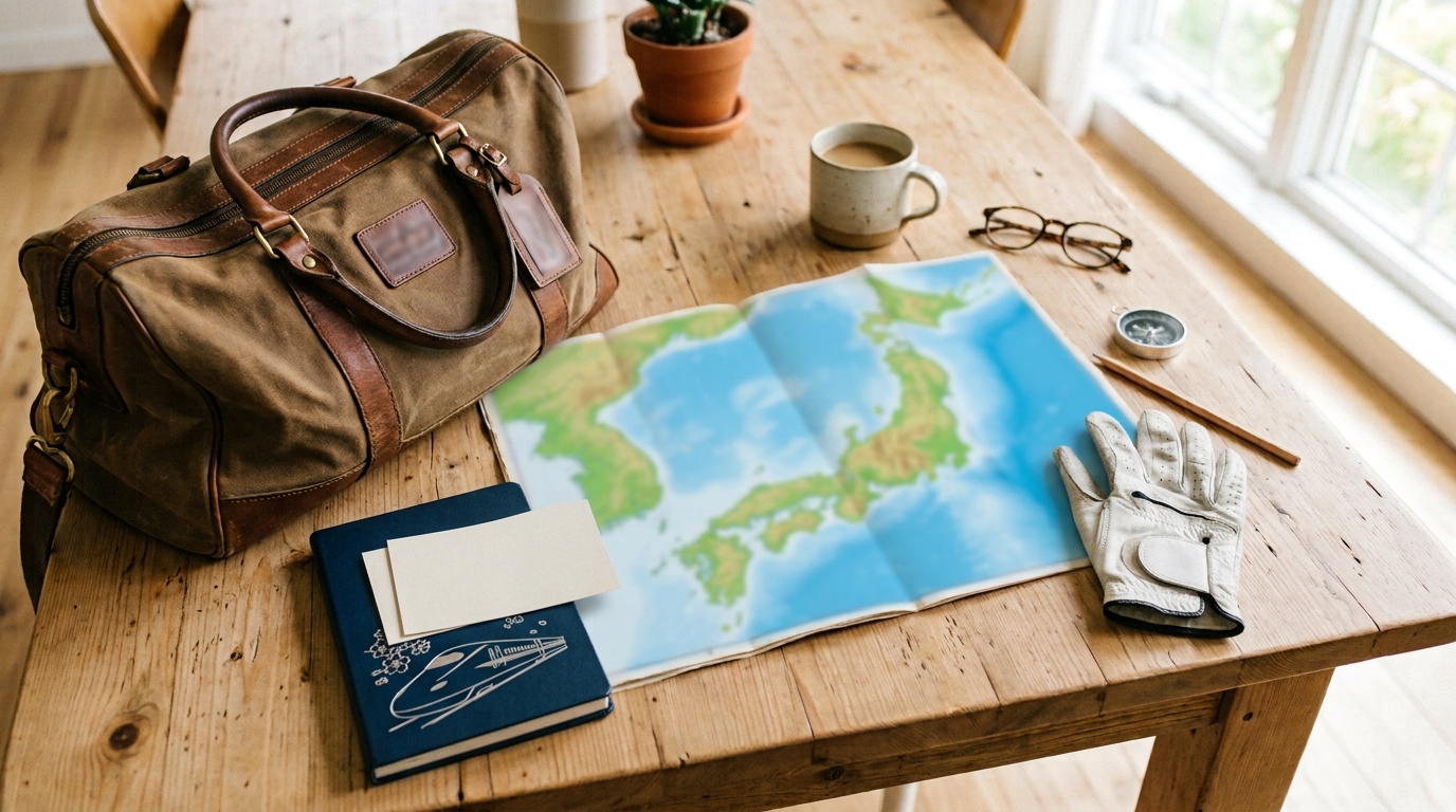 旅行カバンと九州の地図、パスポートケースを俯瞰で撮影したイメージ