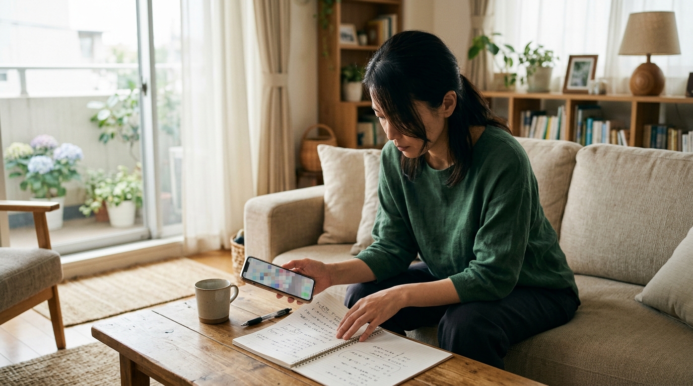 スマートフォンの予約サイト画面と注意書きのメモを見比べる手元
