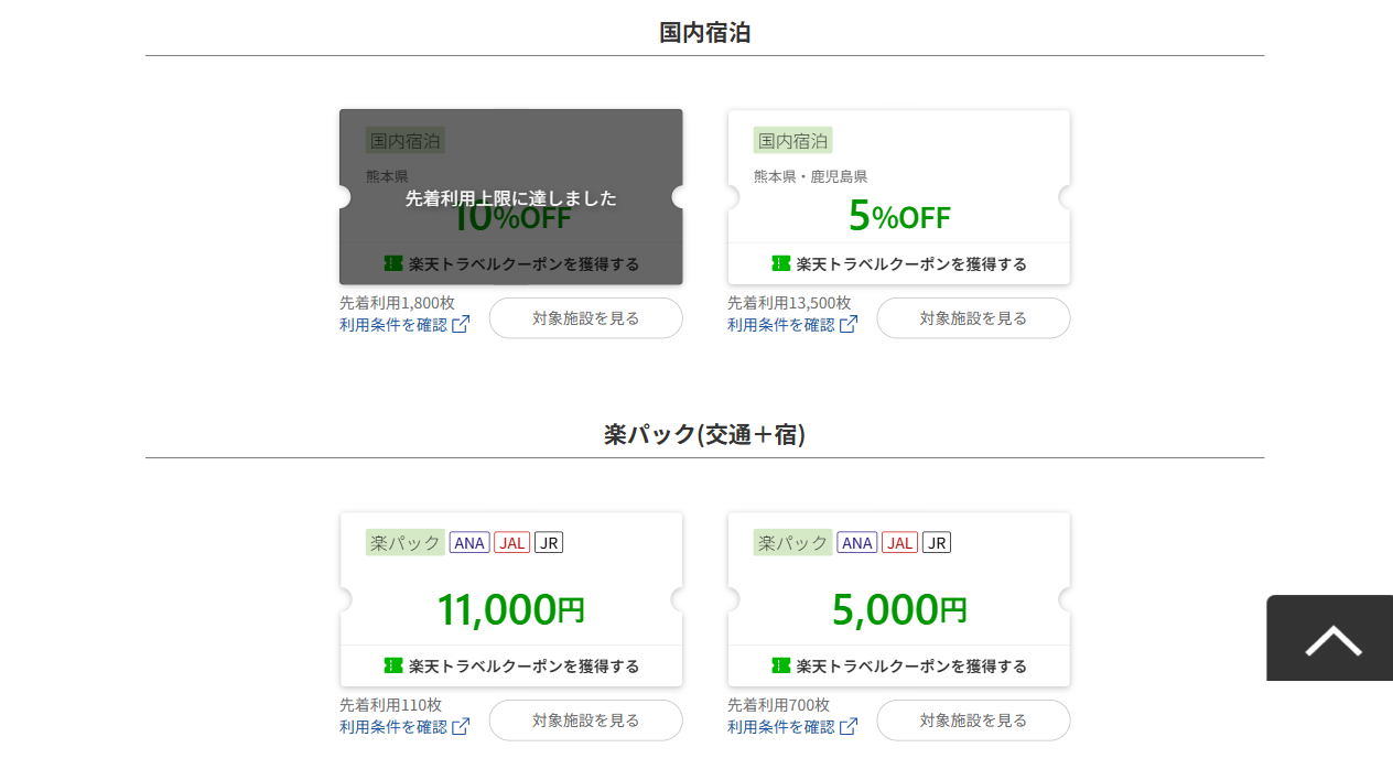 楽天トラベルの熊本・鹿児島観光応援クーポンページ、4種類のクーポンのうち1つが先着利用上限に達したと表示されているスクリーンショット