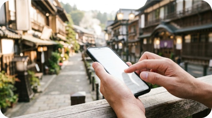 日田の街並みとスマホでキャンペーンを申し込むイメージ