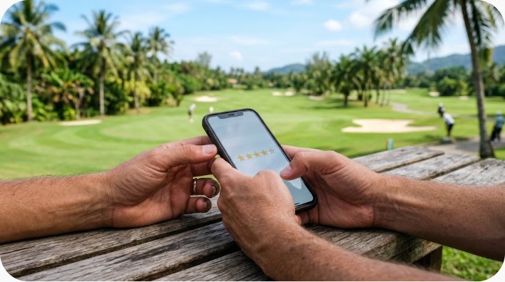 スマートフォンで口コミ評価をチェックする手元のイメージ