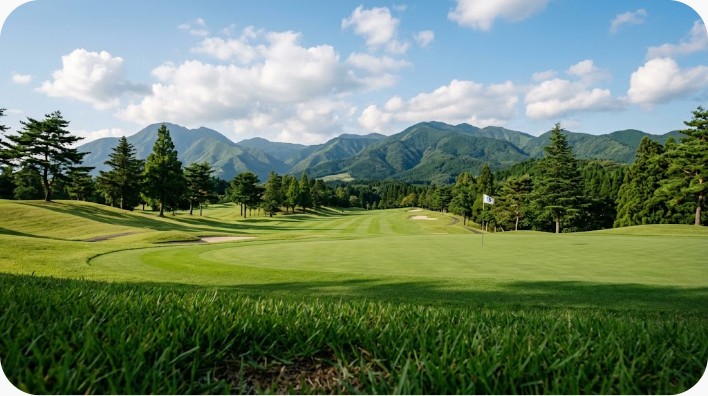 大分県の丘陵ゴルフ場のフェアウェイと山並みのイメージ