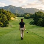 丘陵コースのフェアウェイを一人で歩く女性の後ろ姿