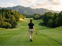 丘陵コースのフェアウェイを一人で歩く女性の後ろ姿
