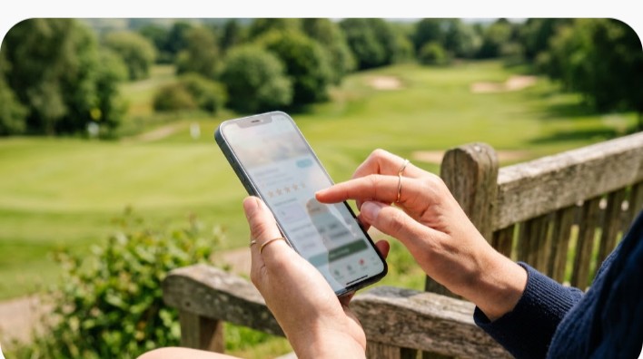 スマートフォンで口コミ評価をチェックする手元のイメージ