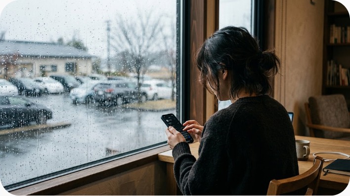 雨に濡れた窓際でスマートフォンを操作する人物の後ろ姿、窓の外は雨で煙る駐車場