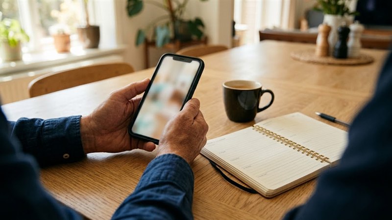 自宅のテーブルでスマートフォンからゴルフ場の予約を操作する手元